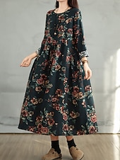 abordables robes imprimées en coton et lin-Femmes Robe maxi Robe trapèze Occasionnel Quotidien Coupe régulière Fleuri manche longue Col ras du cou Bleu marine Rouge Vert foncé Marron Été Automne