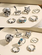 economico Accessori di Halloween-Set di anelli gotici da donna per Halloween: anelli regolabili vintage in argento con teschio, serpente, stella e dadi per feste, cosplay e vita notturna