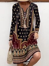 ieftine Rochie boho-Pentru femei Rochii Midi Rochie din Tricot Rochie casual Rochie A line Rochie de vară Boemia Epocă Fit regulat Floral Grafic Manșon Lung În V Negru Primăvară Toamnă Iarnă