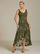 billige Kjoler til nyttårsaften-Dame Maxikjole Rysjekjole Elegant Bryllup Bryllupsgjest Aftenselskap Blomstret Ermeløs U-hals Oliven Sommer Vår