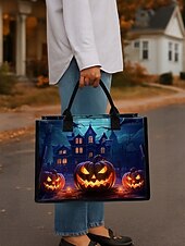 tanie Torby-damska torba na Halloween z motywem dyni i nawiedzonego domu — duża, wielokrotnego użytku torba na zakupy z kieszenią na zamek i wytrzymałymi uchwytami, w stylu gotyckim, idealna na „cukierek albo psikus”, imprezy kostiumowe i do codziennego użytku