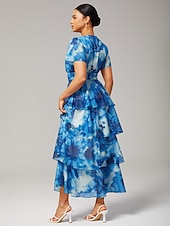 olcso Elegáns virágos ruhák-női esküvői vendégbuli maxi sifon ruha v nyakú, lenge többszínű, virágmintás, sötétzöld, vintage elegáns, egy vonalú, többszínű, fodros, tortaszoknya, derékban szűkített, rugalmas hátrészű ruha