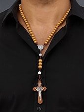 abordables Joyas para hombres-Rosario de madera para hombre con medalla de San Benito y crucifijo: cuentas de oración católicas para el culto religioso, la reflexión espiritual y la devoción diaria.