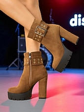 baratos Botas com salto-bota feminina plataforma de camurça preta com salto grosso e fivela dourada &amp;fecho de zíper - festa ousada &amp;calçados de concerto para looks de outono e inverno