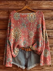 cheap Graphic Patterns &amp; Details-Women&#039;s Sweater Casual Soft Floral Vintage Ethnic Long Sleeve Crew Neck Regular Tops Daily Holiday Print Wine Red Purple Fuchsia Spring Fall Winter