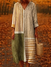 economico Abiti a Strisce e Geometrici-Abito Midi da Donna V Collo Maniche Lunghe Kaftan Leggero Comodo A Line Abito Casual Boho Uscita Comodo Fit Grafica Geometrica Maniche Lunghe V Collo Marrone Chiaro Autunno
