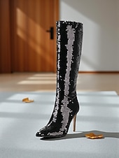 baratos Festa da Vida Noturna-Botas femininas de cano alto com lantejoulas - botas de festa com salto agulha brilhante para mulheres, calçados da moda glamorosos para boates, apresentações no palco e trajes de noite