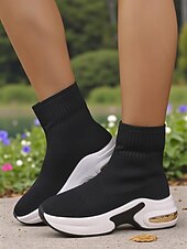 levne Kotníkové boty-Dámské béžové ponožkové kozačky z flyknit pleteniny s platformovou podrážkou – lehká ležérní obuv na outdoor, cestování a sport