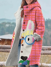 billige 3D frakker-Dame Vinterjakke Fleece-jakke Frakk Hold Varm Pustende Lomme Knapper Trykt mønster Aktiv Daglig Fritid Dyr Feriereise Gate Daglig Enkeltkneppet Lang Hettegenser Normal Langermet Yttertøy Svart Hvit
