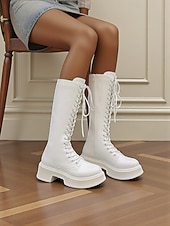 baratos Botas de combate-Botas femininas de couro sintético, cano alto, com cadarço, zíper lateral e sola plataforma grossa, calçado casual urbano