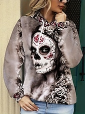 preiswerte Halloween Sweatshirt und Hoodie-Damen Kapuzenpullover Grafik Schädel Mode Lässig Druck Langarm Mit Kapuze Normale Oberteile Straße Alltagskleidung Kordelzug Druck Grau Herbst Winter
