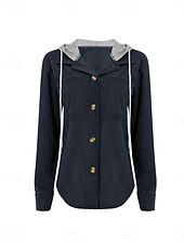 abordables chaqueta con capucha-Mujer Chaqueta con capucha Cómodo Transpirable Botones Casual Plano Vacaciones Calle Casual Ropa Cotidiana Botonadura Simple Regular Con Capucha Ajuste regular Manga Larga Ropa de calle Azul marinero