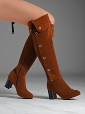 economico Stivali alla moda-stivali sopra il ginocchio da donna in pelle scamosciata bordeaux con tacco a blocco e bottoni decorativi - versatili per l'autunno &amp;calzature invernali alla moda per look streetwear e serali alla