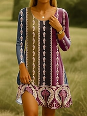 tanie Sukienka boho-Damskie Sukienka do kolan Sukienka dzianinowa Codzienne sukienki Sukienka t-shirtowa Sukienka letnia Codzienny Regularny Graficzny W Tureckie Wzory Długi rękaw Półgolf Rumiany róż Niebieski Fioletowy