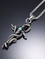 economico Accessori di Halloween-Collana con ciondolo a forma di spada e serpente in acciaio al titanio per Halloween da uomo – gioielli con catena a croce in stile punk gotico per feste in maschera, cosplay e moda quotidiana