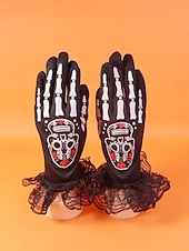 preiswerte Halloween-Zubehör-Damen-Halloween-Skeletthandschuhe – schwarze Spitzenmanschette mit Zuckerschädel-Aufdruck, Kostümzubehör für Party, Cosplay und Nachtleben
