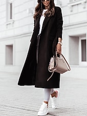 abordables Manteaux d&#039;Hiver-Femmes Manteau Trench Chaud Confortable Avec Poches Mode Moderne Occasionnel Uni Sortir Week-end Simple Boutonnage Long Col Rabattu Coupe régulière manche longue Vêtements d&#039;extérieur Noir Blanche
