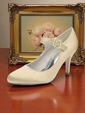voordelige Cocktail-Champagnekleurige satijnen Mary Jane-hakken voor dames met kristallen gesp, elegante pumps met puntige neus voor cocktailparty&#039;s