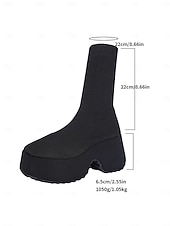 baratos Botas com salto-Botas plataforma grossas femininas – botas de cano curto pretas de malha elástica com bico redondo para streetwear, looks casuais e moda outono