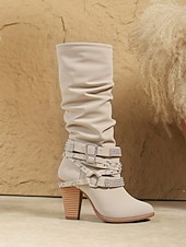 olcso Slouch Boots-női bézs lompos, térdig érő csizma csattal és szegecsekkel, vintage western stílusú őszi és téli alkalmi viselethez