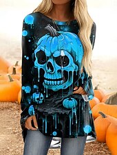 billige Halloween topper-Halloween Dame T skjorte Grafisk Hodeskaller Gresskar Årgang Stilfull Fritid Langermet Crew-hals Vanlige topper Daglig Trykt mønster Rosa Blå Oransje Grønn Grå Vår Høst