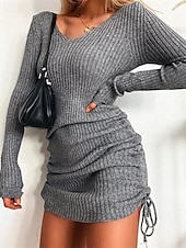 abordables Robes pull-Femmes Mini Robe Robe Pull Mode Moderne Extérieur Vacances Fête Coupe régulière Uni manche longue Col en V Noir Jaune Vin Vert foncé Automne