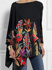 billige Kunst &amp; Design t-skjorte-Dame T skjorte Grafisk Geometrisk Abstrakt Årgang Stilfull Fritid Langermet Crew-hals Lange topper Daglig Trykt mønster Asymmetrisk Svart Hvit Gul Rød Vår Høst