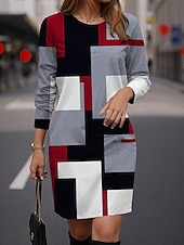 abordables Robe Rayée et Géométrique-Femmes Mini Robe Robe Décontractée Robe Imprimée Mode Moderne Quotidien Date Week-end Coupe régulière Géométrique Bloc de Couleur manche longue Col en V Rose Claire Rouge Gris Printemps Automne