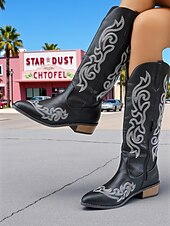 levne Cowboy &amp; Western Boots-Dámské kovbojské boty v westernovém stylu do poloviny lýtek – červená umělá kůže s bílou výšivkou, boční zip a nízký podpatek, ideální na country festivaly, rodeo outfity a ležérní podzimní streetwear.