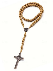abordables Joyas para hombres-Rosario de madera para hombre con medalla de San Benito y crucifijo: cuentas de oración católicas para el culto religioso, la reflexión espiritual y la devoción diaria.