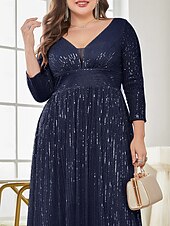 economico Semi-formale / Cocktail-Linea ad A Lunghezza al pavimento Abiti da festa Elegante Manica Lunga Scollo a V Formale Invitato a matrimonio autunnale Con Paillettes con Glitter Paillettes
