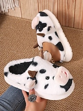 ieftine Flip-Flops de Damă-Papuci drăguți de pluș pentru femei, cu model de vacă, cu design 3D cu animale și căptușeală moale – pantofi confortabili de iarnă pentru casă și cadouri de sărbători