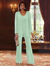 voordelige Broekpakken van mama-Strand Bruiloft Jumpsuit  Pantsuit 3 Delig Moeder van de Bruid Formele Bruiloft Gast Elegante V-Hals Vloerlengte Chiffon Lace Lange Mouw Jas met Applicaties