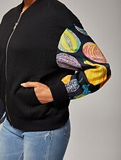 preiswerte Überbekleidung für Damen-Damen Bomberjacke Casual Street Patchwork Kürbis Print Mikro - elastischer Strukturstoff Schwarz Polyester Elasthan