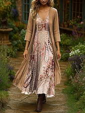 billiga Boho-klänning-Dam Klänning Set Maxiklänning A linjeklänning Sommarklänning Semester Boho Nyans Blommig Multi lager Mönster Maxiklänning 3/4 ärm V-hals Utomhus Dagligen Svart Rodnande Rosa Orange Sommar Vår Normal