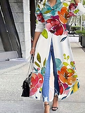 ieftine rochie florală-Pentru femei Rochie Maxi Rochie de schimb Casual Zilnic Dată Fit regulat Floral Grafic Manșon Lung Guler Cămașă Galben Roz Îmbujorat Roșu-aprins Albastru piscină Vară Primăvară Toamnă