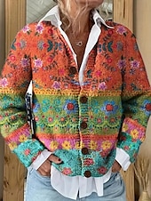 preiswerte Strickjacken und Oberbekleidung-Damen Strickjacke Pullover Mit Wabenstruktur Knopfleiste Rundhalsausschnitt Langarm Leicht Elegant Vintage Blumengrafik Gestreift Knopfprint Strick Outdoor Wochenende Rosa Lila Herbst Winter