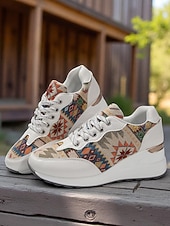 economico Sneakers da donna-sneakers con zeppa dorate da donna – scarpe da ginnastica con plateau e lacci con stampa etnica per abbigliamento casual da strada e viaggi del fine settimana