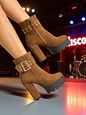 baratos Botas com salto-bota feminina plataforma de camurça preta com salto grosso e fivela dourada &amp;fecho de zíper - festa ousada &amp;calçados de concerto para looks de outono e inverno