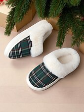 baratos Chinelos de mulher-chinelos de Natal xadrez vermelhos para mulheres com forro de pele sintética e sola acolchoada – sapatos confortáveis para usar em casa, para presentes de inverno e feriados