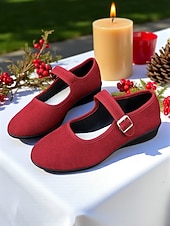 Women's Red Mary Jane Flats with Adjustable Buckle Strap, Comfortable Non-Slip Sole Casual Wear and Festive Christmas Outfits cheap Women's Christmas Shoes-Women's Red Mary Jane Flats with Adjustable Buckle Strap, Comfortable Non-Slip Sole Casual Wear and Festive Christmas Outfits