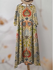 olcso Virágos ruha-Női Maxi Ruha Kaftan 3/4 Hosszú Ujjú Környakú Lazac Átmeneti Ruha Boho Mindennapi Ünnepi Randi Virágos Grafika Sárga Rózsaszín Kék Zöld Tavasz Ősz