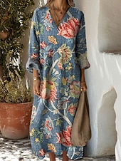 preiswerte Streifen- und geometrische Kleider-Damen Maxikleid Sommerkleid A Linie Kleid Urlaub Lässig Boho Party Ferien Strand Normale Passform Blumen Grafik Geometrisch Langarm V Ausschnitt Gelb Rote Blau Orange Sommer Frühling Herbst