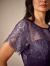  Damskie Koronkowa sukienka Szyfon Koronka Z marszczeniami Półgolf Długi rękaw Sukienka do kolan Spotkanie towarzyskie Elegancja Niebieski Lato Wiosna