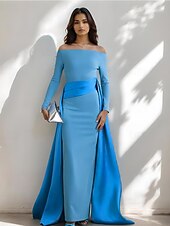 economico Abiti da ballo-abito da sera a trapezio elegante in crepe elasticizzato con gonna in raso a pieghe formale da sposa lungo fino al pavimento manica lunga spalle scoperte 2025