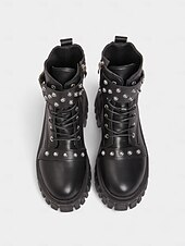 abordables Bottes motard-bottes motardes cloutées en similicuir noir pour femme avec semelle plateforme épaisse et fermeture éclair latérale &amp;Bottines à boucle style punk pour ados et femmes, idéales pour les concerts et le