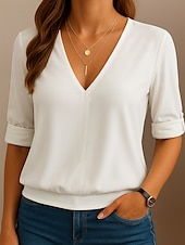 preiswerte Damen Einfache Oberteile-Damen Bluse Einfach Lässig Langarm V Ausschnitt Normale Oberteile Täglich Sport Knöpfe Weiß Gelb Blau Grün Frühling, Herbst, Winter, Sommer