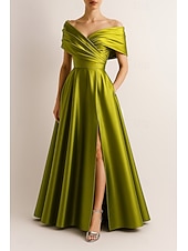 abordables Robes de Soirée en A-Ligne A Robe de Soirée Élégant Robe de soirée Formel Mariage Longueur au sol Sans manches Épaules Dénudées Satin Extensible avec Plis Froncé Fente 2025