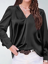 preiswerte Elegante Oberteile-Damen Hemd Bluse Einfach Modern Lässig Langarm V Ausschnitt Normale Oberteile Täglich Ferien Ausgehen Gerafft Schwarz Weiß Gelb Rosa Wein Herbst