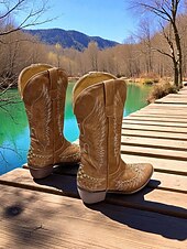 levne Cowboy &amp; Western Boots-Dámské kovbojské boty v westernovém stylu s vyšívaným orlím vzorem a cvočky, boty v retro stylu na blokovém podpatku do poloviny lýtek pro městské nošení